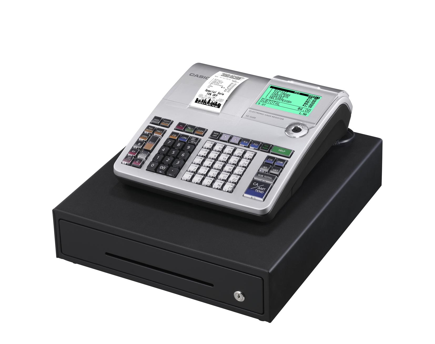 Casio SE-S400 Retail Cash Register with 25 department keys, Multi-line Operator Display and rear Popup Customer Display.